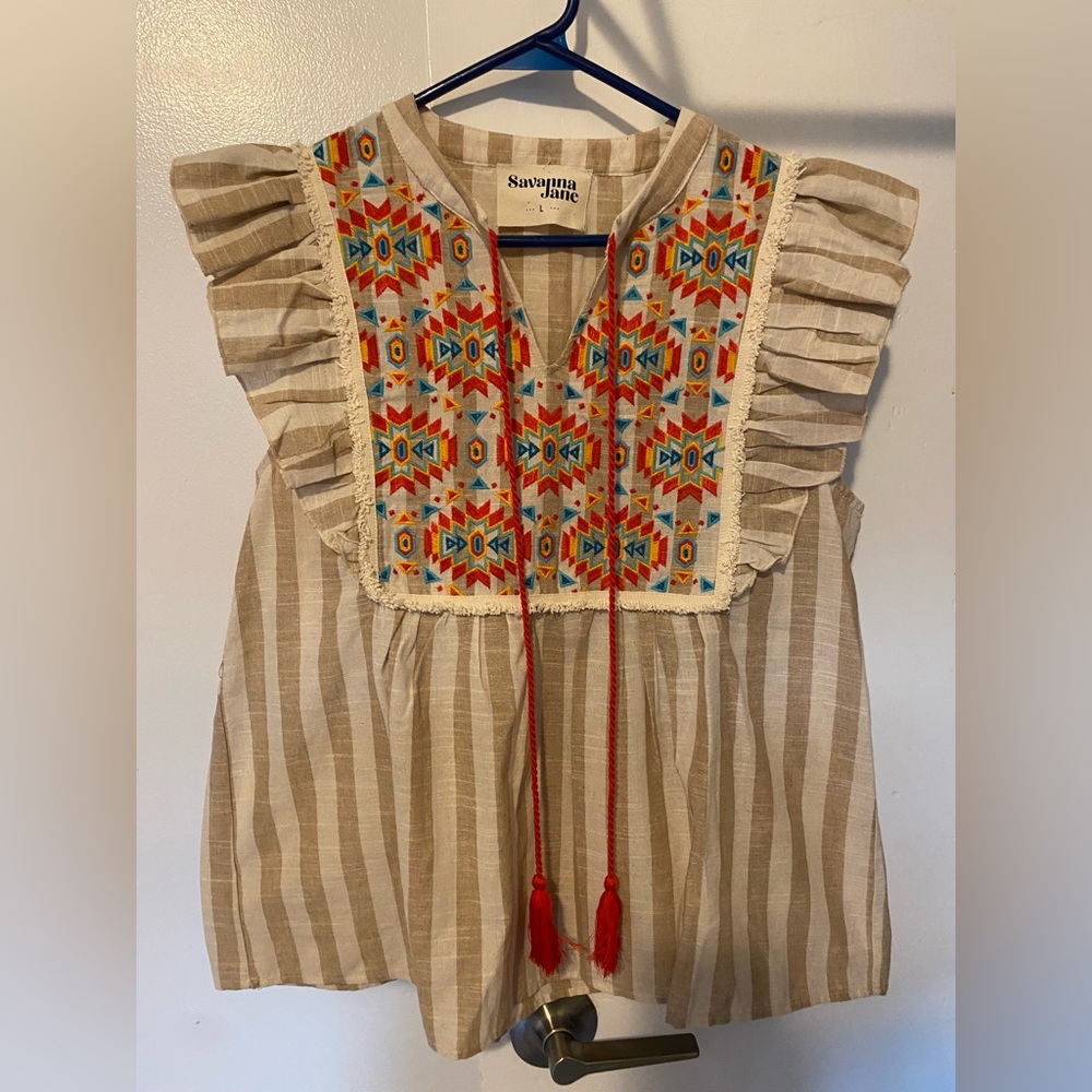 Savanna Jane Striped Beige and Multicolor Embroidered Blouse